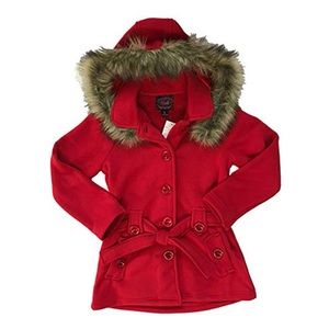 Unik girls red coat with detachable fur lined hood